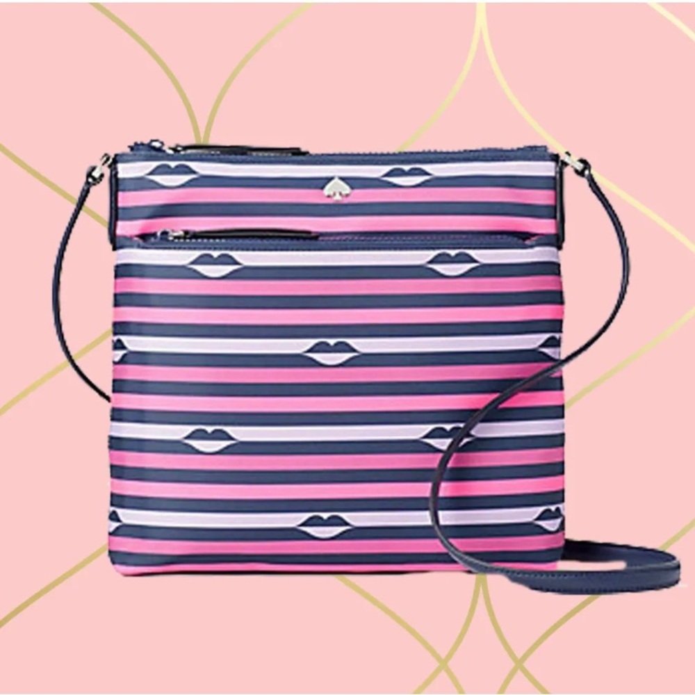 kate spade Navy, Pink & White Striped Crossbody Bag with Lip Print